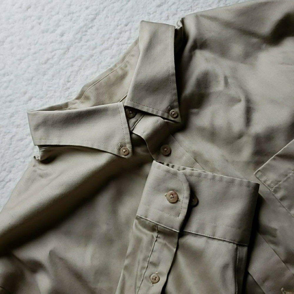 Lands' End Shirt Mens XL Beige Solid Long Sleeve Twill Button-Up Pocket‎ Casual